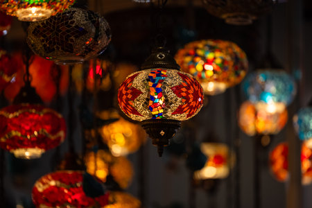 Turkey. Market With Many Traditional Colorful Handmade Turkish Lamps And Lanterns. Lanterns Hanging...