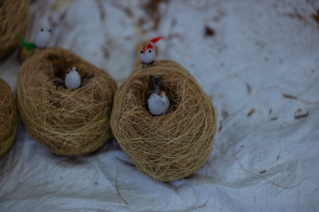 Handicraft Jute art, handmade bird nest made with jute in display at trade fair.の写真素材