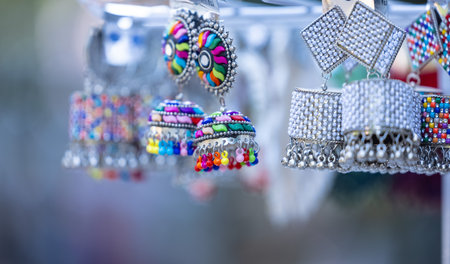 Indian traditional ethnic jewellery over plain background. Selective focus.の写真素材