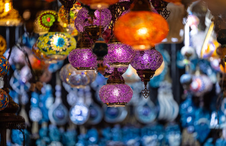 Colorful decorative hanging lamps in the Bazaar, Istanbul, Turkeyの写真素材