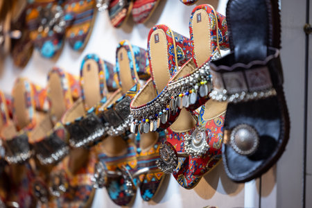 Close-up of colorful slippers for sale in a souvenir shopの写真素材