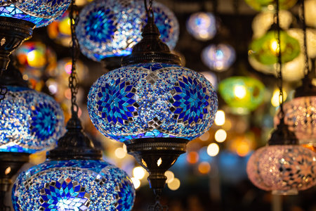 Colorful decorative hanging lamps at the Grand Bazaar in Istanbul, Turkeyの写真素材