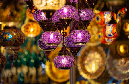 Colorful decorative lamps at the Grand Bazaar in Istanbul, Turkeyの写真素材