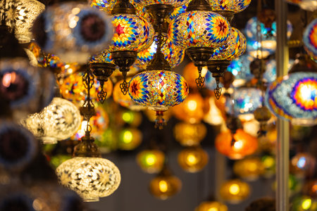 Colorful decorative hanging lamps in Grand Bazaar, Istanbul, Turkeyの写真素材