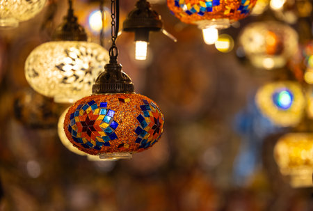 Colorful decorative hanging lamps in the Grand Bazaar, Istanbul, Turkeyの写真素材
