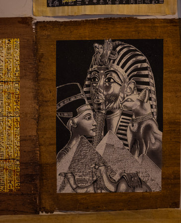 Egyptian hieroglyphs on an old photo album, close-upの写真素材