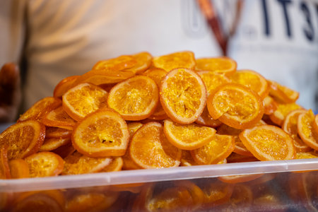 Tangerines on the counter of a street food stall in Istanbul, Turkeyの写真素材