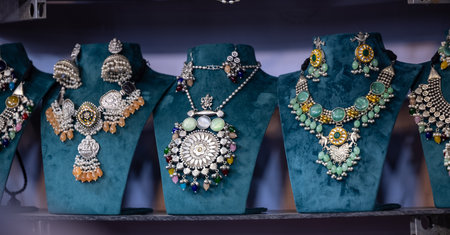 Turquoise jewelry on display in a shop window in Istanbul, Turkeyの写真素材