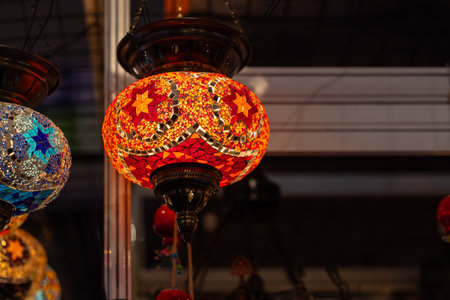 Colorful Turkish lamps hanging in the street of Istanbul, Turkey.の写真素材