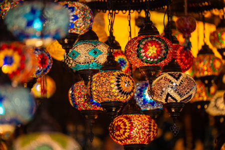 Colorful Turkish lamps at the Grand Bazaar in Istanbul, Turkeyの写真素材