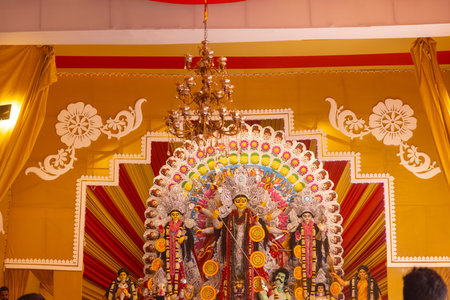 Shubho mahalaya, An idol of Goddess Durga decorated in Pandal. Durga Puja is biggest religious festival of Hinduism and for bengalis and is now celebrated worldwide.の写真素材