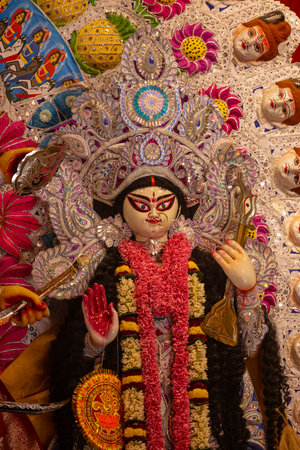 An idol of Goddess Durga decorated in Pandal. Durga Puja is the biggest religious festival of...
