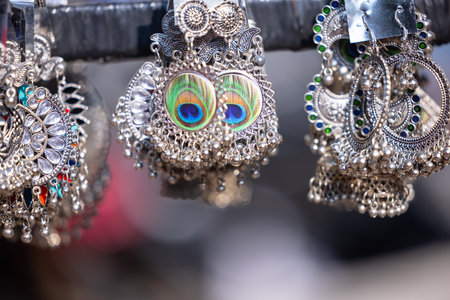 Colorful earrings for sale at the flea market in Istanbul, Turkeyの写真素材