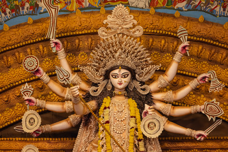 An idol of Goddess Durga decorated in Pandal. Durga Puja is the biggest religious festival of Hinduism and for Bengalis and is now celebrated worldwide.の写真素材