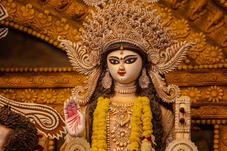 An idol of Goddess Durga decorated in Pandal. Durga Puja is a major religious festival of Hinduism and for Bengalis and is now celebrated worldwide.の写真素材