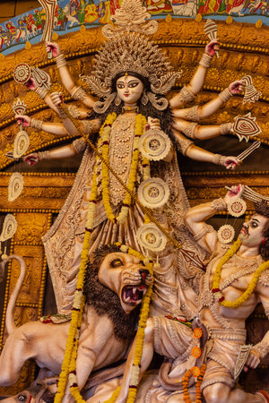 An idol of Goddess Durga decorated in Pandal. Durga Puja is biggest religious festival of Hinduism and for bengalis and is now celebrated worldwide.の写真素材