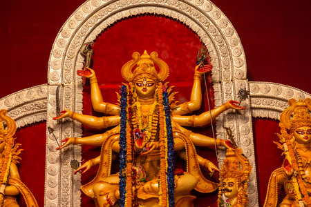 An idol of Goddess Durga decorated in Pandal. Durga Puja is a significant religious festival of Hinduism and for Bengalis, now celebrated worldwide.の写真素材