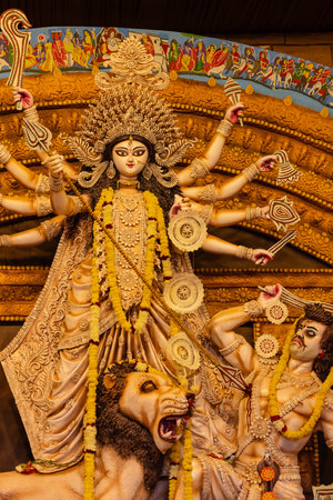 An idol of Goddess Durga decorated in Pandal. Durga Puja is biggest religious festival of Hinduism and for bengalis and is now celebrated worldwide.の写真素材