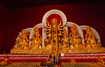 An idol of Goddess Durga decorated in Pandal. Durga Puja is a major religious festival of Hinduism and for Bengalis and is now celebrated worldwide.の写真素材