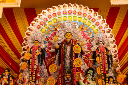 An idol of Goddess Durga decorated in Pandal. Durga Puja is a major religious festival of Hinduism and for Bengalis and is now celebrated worldwide.の写真素材