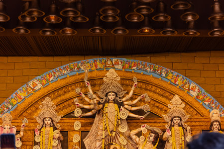 An idol of Goddess Durga decorated in Pandal. Durga Puja is biggest religious festival of Hinduism and for bengalis and is now celebrated worldwide.の写真素材