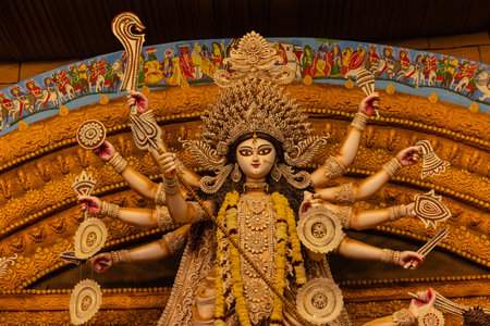 An idol of Goddess Durga decorated in Pandal. Durga Puja is a major religious festival of Hinduism and for Bengalis, now celebrated worldwide.の写真素材