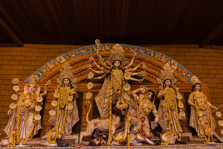 An idol of Goddess Durga decorated in Pandal. Durga Puja is biggest religious festival of Hinduism and for bengalis and is now celebrated worldwide.の写真素材