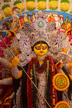 An idol of Goddess Durga decorated in Pandal. Durga Puja is biggest religious festival of Hinduism and for bengalis and is now celebrated worldwide.の写真素材