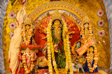 Shubho mahalaya, An idol of Goddess Durga decorated in Pandal. Durga Puja is biggest religious festival of Hinduism and for bengalis and is now celebrated worldwide.の写真素材