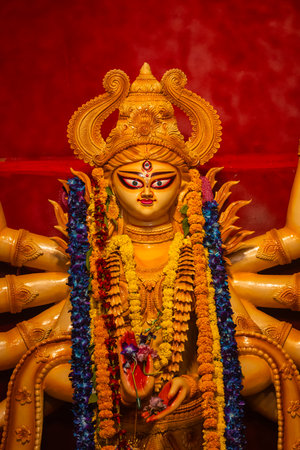 An idol of Goddess Durga decorated in Pandal. Durga Puja is a significant religious festival of Hinduism and for Bengalis, now celebrated worldwide.の写真素材