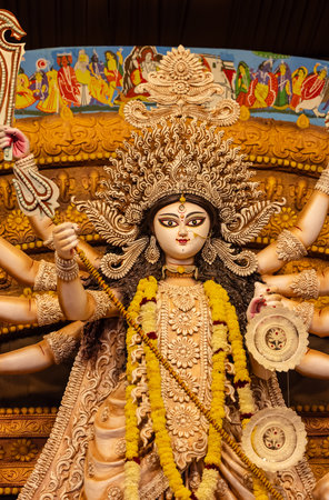 An idol of Goddess Durga decorated in Pandal. Durga Puja is biggest religious festival of Hinduism and for bengalis and is now celebrated worldwide.の写真素材
