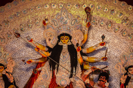 An handmade idol of Goddess Durga decorated in colorful Pandal. Durga Puja is biggest religious festival of Hinduism and for bengalis and is now celebrated.の写真素材