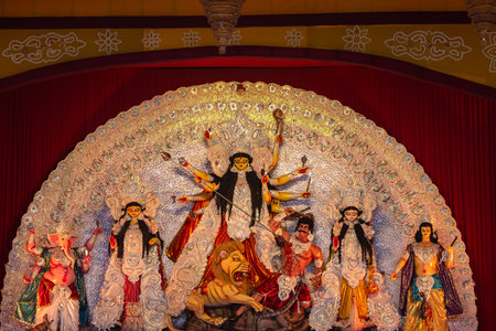 An handmade idol of Goddess Durga decorated in colorful Pandal. Durga Puja is biggest religious...