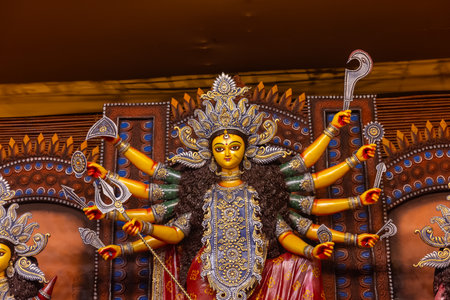 An handmade idol of Goddess Durga decorated in colorful Pandal. Durga Puja is biggest religious festival of Hinduism and for bengalis and is now celebrated.の写真素材
