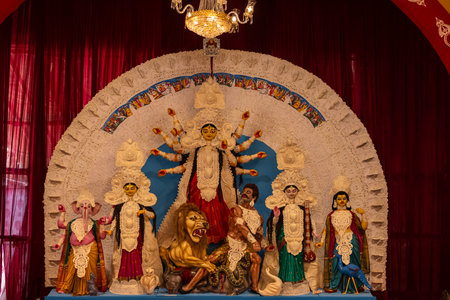 An handmade idol of Goddess Durga decorated in colorful Pandal. Durga Puja is biggest religious festival of Hinduism and for bengalis and is now celebrated.の写真素材