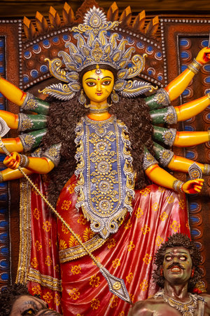 An handmade idol of Goddess Durga decorated in colorful Pandal. Durga Puja is biggest religious...