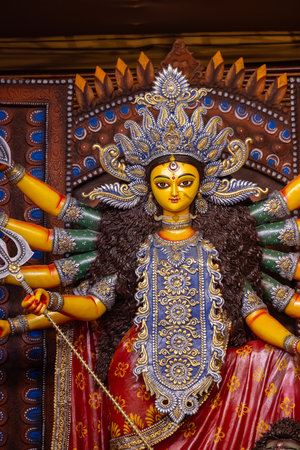 Subho mahalaya, An handmade idol of Goddess Durga decorated in colorful Pandal. Durga Puja is...