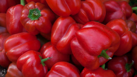 Red capsicum - June 2015 - A photo of fresh produce capsicum, at a market in Chennai.のeditorial素材