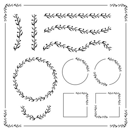 Set of hand drawn floral wreaths and frames. Vector illustration.のイラスト素材