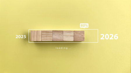 wooden block cube to update technology downloading tool bar status loading from 2025 to 2026. new year concept. Progress Bar Indicating the Transition from 2025 to 2026の写真素材