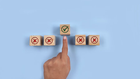 finger pointing at wooden block with the right icon. customer review, feedback, rate
