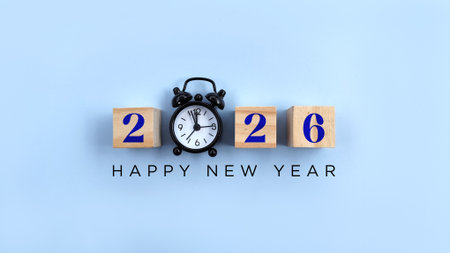 happy new year 2026 text on wood block with black alarm clock on blue background. Countdown Happy...
