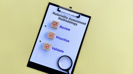 clipboard and magnifying glass with Materiality Assessment Methodology, review,  prioritise and validate text on yellow background. business conceptの写真素材