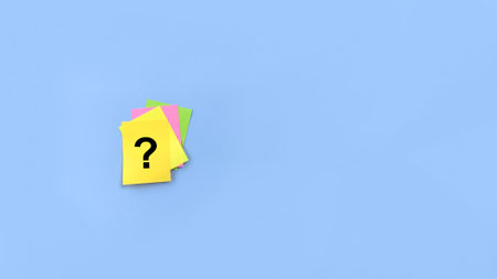Question mark on adhesive paper note on blue background. Problems and root cause analysis concept....