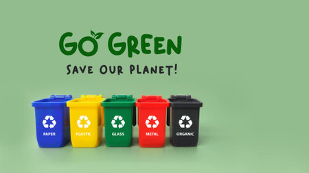 Go Green. Save our planet! poster, banner. Recycle bins on green background. recycling sorts categories.の写真素材