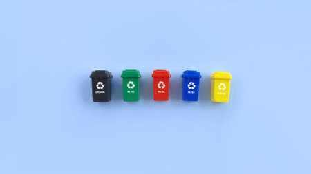 Recycle bins on blue background. recycling sorts categories. Glass, Plastic, organic, paper and metalの写真素材