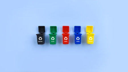 Open recycle bins on blue background. recycling sorts categories. Glass, Plastic, organic, paper and metalの写真素材