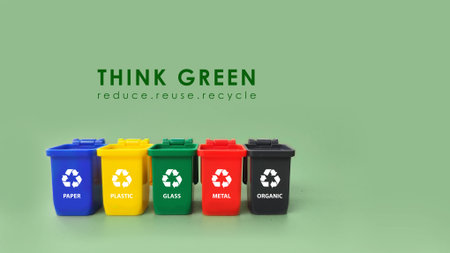 Think green. Reduce, reuse, recycle poster, banner. Recycle bins on green background. recycling sorts categories.の写真素材