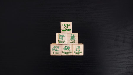 wooden block with green types of waste icon. sustainability, environmental conceptの写真素材