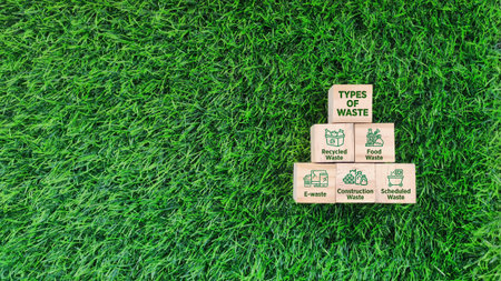 wooden block with green types of waste icon on grass background. sustainability, environmental conceptの写真素材